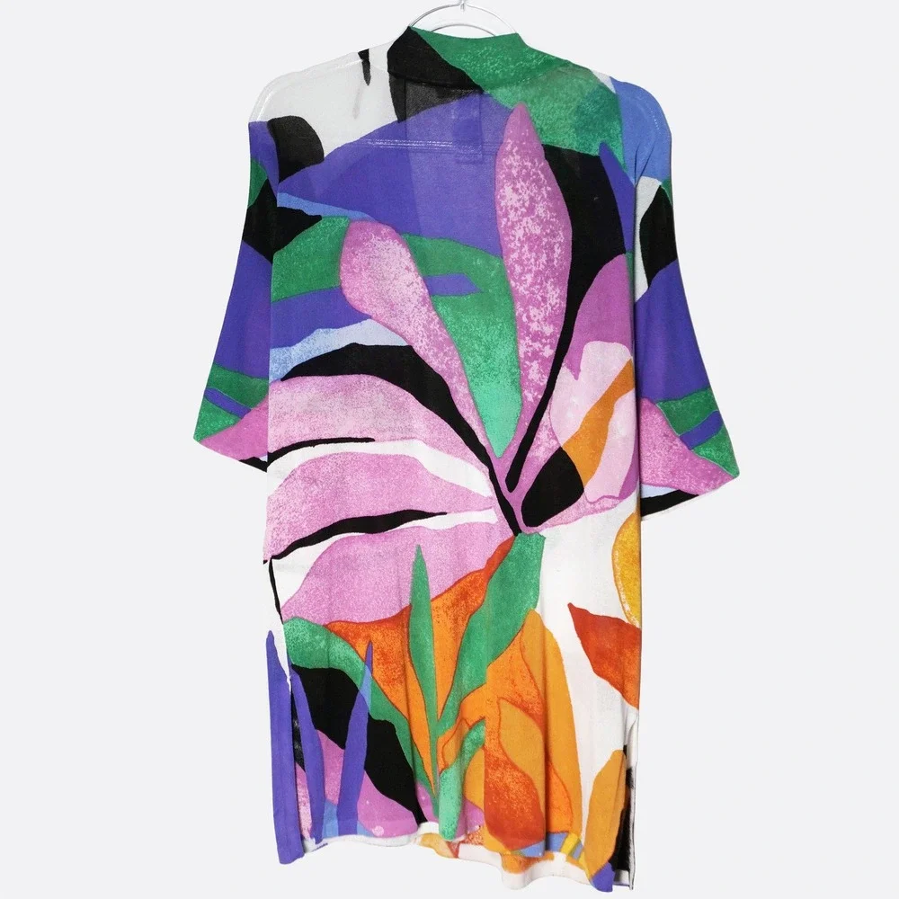 Chico's Knit Kimono‎ Cardigan L 0X 12 Multi-Color Floral Abstract Open Front